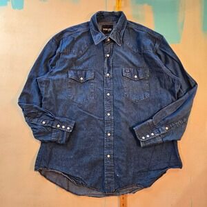 Vintage 90s Wrangler Shirt Denim Pearl Snap Western Cowboy Workwear Y2K XL 26x32